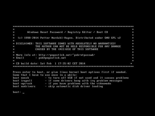 Offline NT Password & Registry Editor: