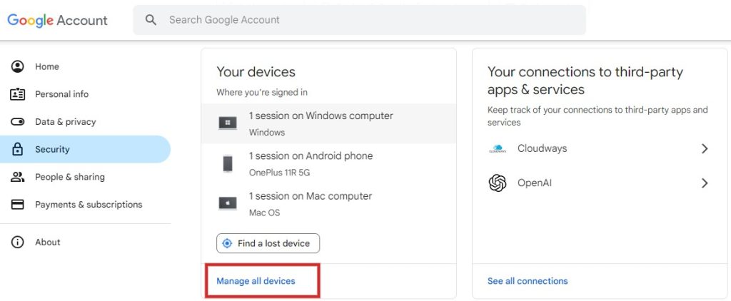 Google Dashboard Manage device