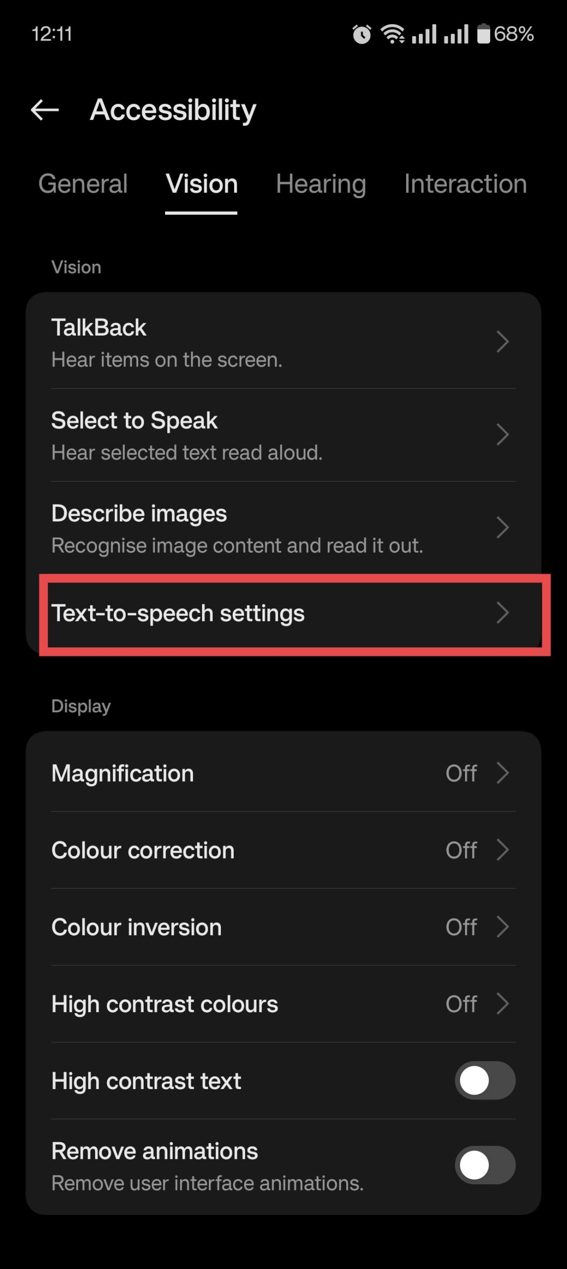 Text to speech settings