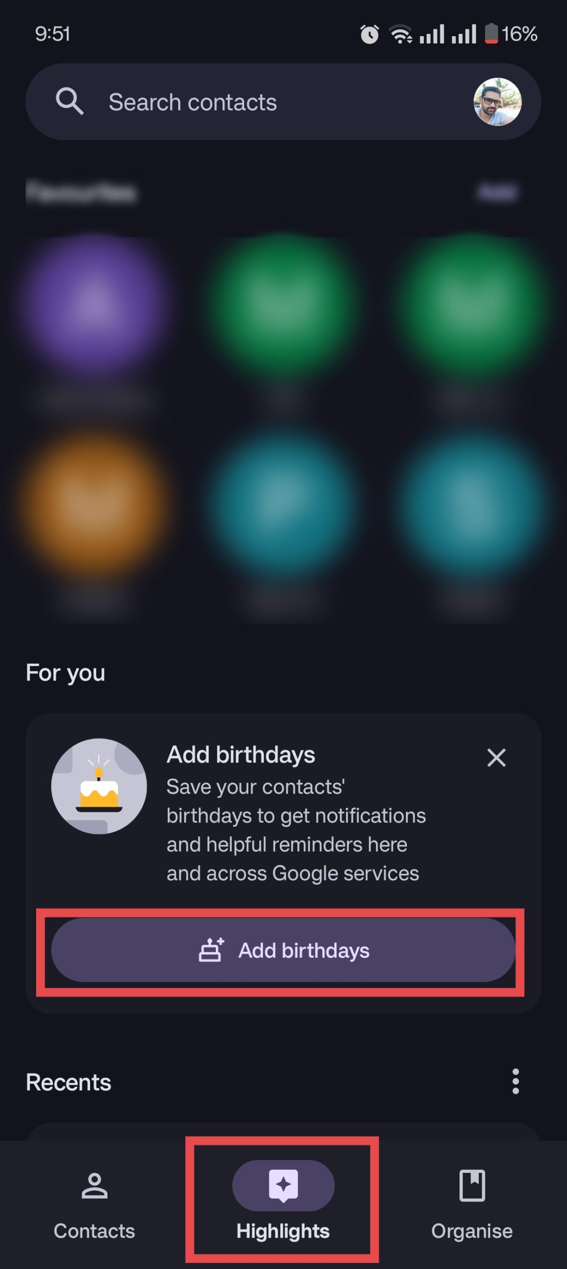 Add Contact Birthday Using the Highlights Tab