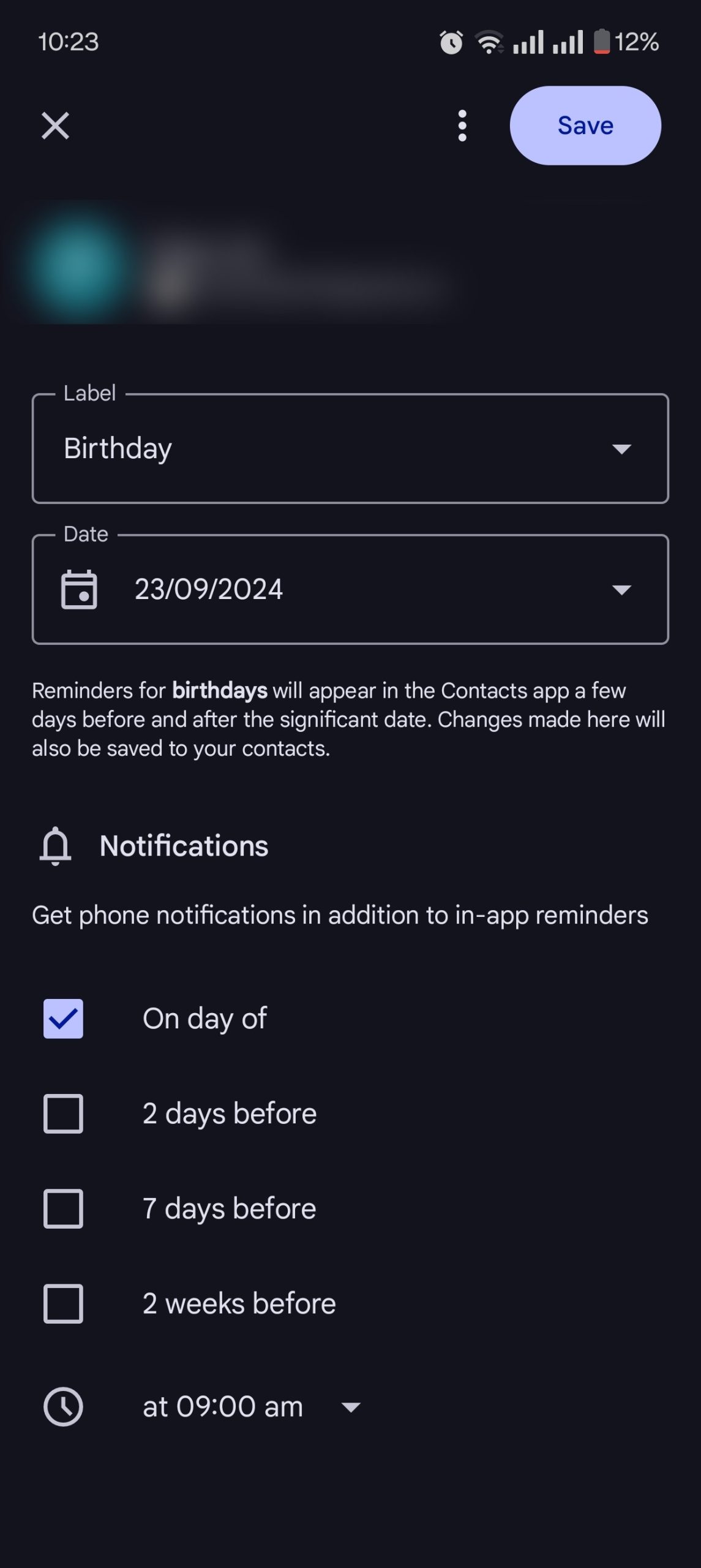 Adding a Birthday Reminder via Contact Settings