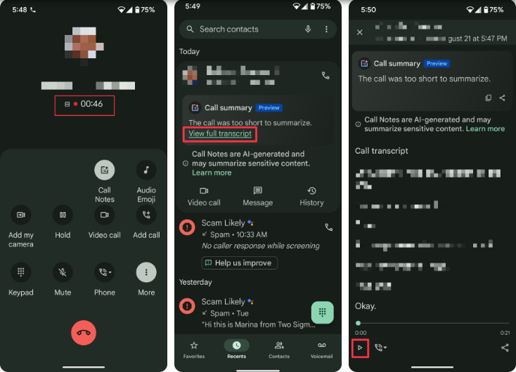 Call Notes summary and transcripts
