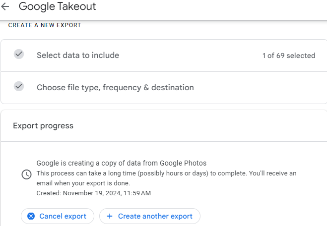 Google Takeout export notification