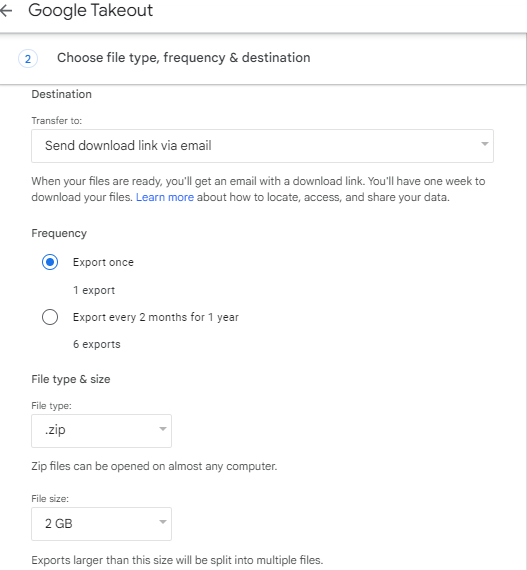 Google Takeout Export Settings