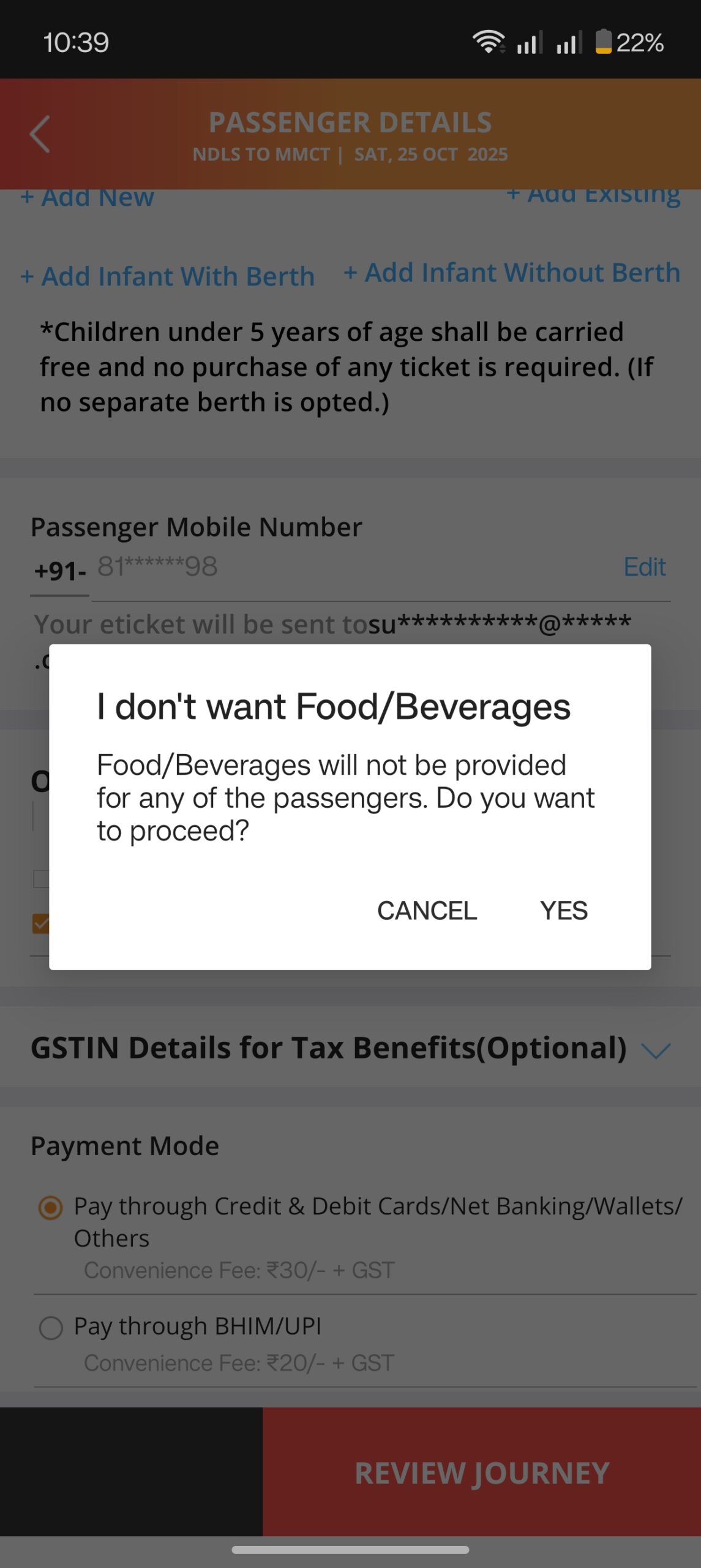 IRCTC no food option