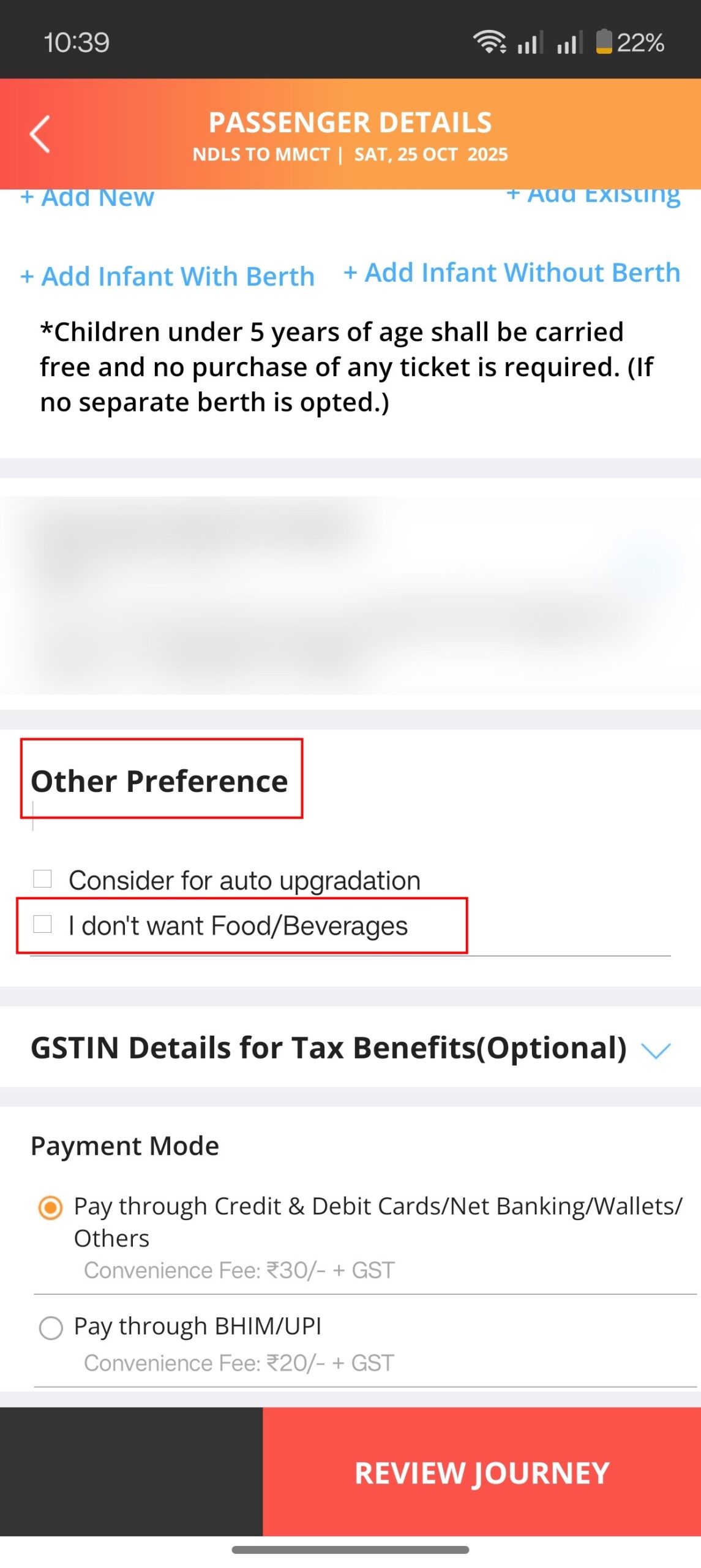 IRCTC no food option
